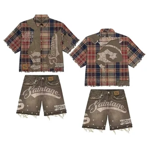 Custom Logo Men's Summer T-Shirt Set Screen Print Graphic Rhinestone Plaid Shirt And Denim Short Sets For Men