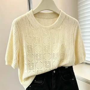 Plus-size Womens Casual Hollow-out Ice-silk Hand-woven Short-sleeve Knitted T-shirt 2026 Summer Loose-fit Stylish Top for