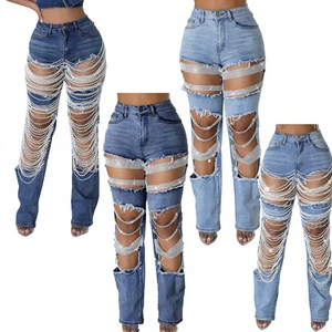 Women High Waisted Button Chain Hollow Out Straight Jeans Pants Female Pocket Denim Trousers
