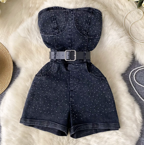Peeqi Fashion Autumn Sexy Women's Denim Jumpsuits Strapless Belt Rhinestones Jeans Romper Denim Sleeveless Jumpsuits for Women