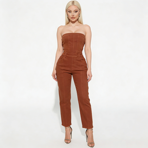 Trendy Popular Brown Green Sexy Strapless Skinny Straight Y2K Summer Denim Jeans Sets Custom Dinim Playsuit Jumpsuit