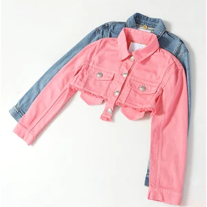 Woman Trendy Casual Denim Jeans Jacket Bottom Distressed Denim Jacket Spring 2022 Adult Women's Crop Jeans Jacket