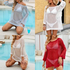Summer Women's Sexy Longsleeve Bikini Cover up Beachwear Dress Hollow Knit Loose Beach Cover Sweater Mini Swimsuit Cover Ups