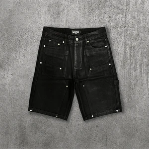 YUCE Custom Factory Waxed Black Denim Shorts Riveted Double Knee Jorts Coated Carpenter Men's Shorts