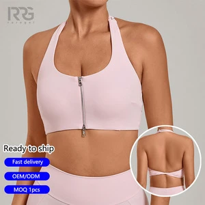 Roregal Back Twist Sports Bra Women Naked Feel Front Zip Halter Yoga Bra With Removable Pads For Gym Fitness