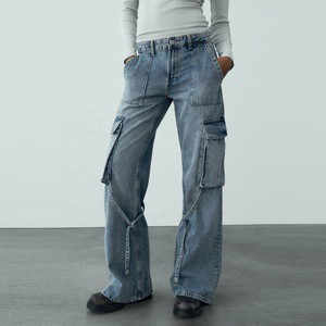 Loose Fit Baggy Denim Women Mid Rise Cargo Jeans