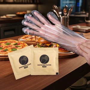 Disposable PE Gloves Food Grade Plastic Gloves with Kraft Paper Packing for Restaurant & Catering, Factory Direct Custom Logo