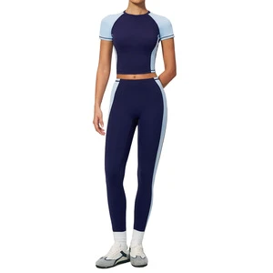 Bare-Skin Solid Yoga Set Women Crew-Neck Short Sleeves High-Waisted Pants Sweat-Wicking Highly Stretchy Slim-Fit