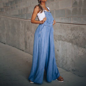 Summer Soft Causal Design Washed Denim Jeans Cargo Pants Wide Legs Overalls Jumpsuit for Women
