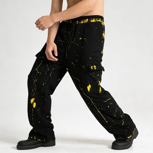 Men's Yellow Splash Print Cargo Pants Oversized Casual Jogger Trousers with Multi-Pockets Streetwear Style Bottoms