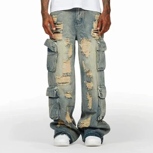Fashion Men Plus Size Big Pocket Baggy Hop Hip Vintage Patchwork Custom Wide Leg High Quality Distressed Men's Denim Jeans