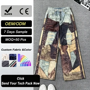 Bulk High Street Hip Hop High Waist Custom Embossed Breathable Washable Cotton Patchwork Jeans for Men & Women Spring