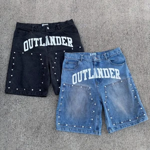 Customized logo Men's Retro-style Denim Shorts, Acid-washed Outdoor-style Denim Shorts, Diamond-embroidered Denim Shorts