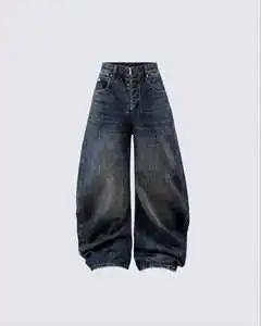 High Waisted Wide Leg Stonewashed Denim Pants Solid Color Cotton Loose Fit Ankle Length Casual Women's Jeans Autumn Style