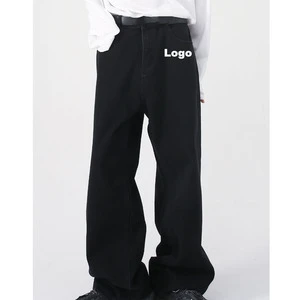 2025 Street Style Oversized Dark Blue Fashion Denim 100% Cotton Washed Straight Wide Leg Plus Size Men Baggy Jeans Pants