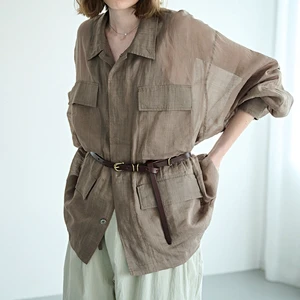 Women Cargo Pocket Oversized Button up Shirt Long Sleeve Minimalist Sun Protection Beach Cover up Blouse
