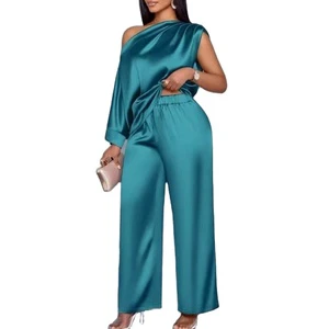 Satin Trousers Suit Summer Casual Women's Clothing Slope Neck Short Sleeve Tops Wide Leg Pants Two Piece Set Women Casual Suit