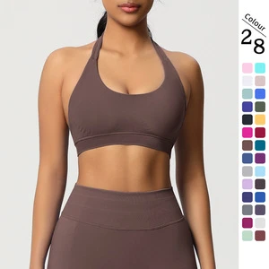 Women's Breathable for High Elasticity Halter Sports Bra with Front Logo for Seamless Tight Fit Running Yoga Solid