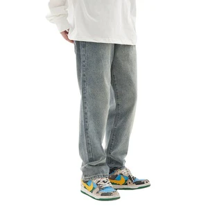 Big Tall OEM Custom Logo High Quality Men's Straight Hip Hop Midweight Breathable Light Wash Ripped Hem Plus Size Denim Jeans