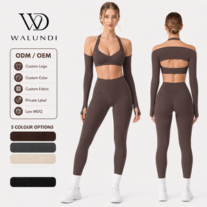 Custom Logo 3 Piece Yoga Set Women Halter Sports Bra Long Sleeve Shrug Bolero With Thumb Holes High Waist Leggings Gym Wear
