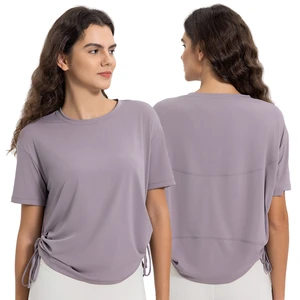Women's Summer Plus Size Short Sleeve T-Shirt Solid Spandex Yoga Fitness Top Drawstring Pleated Design Breathable Nude Print