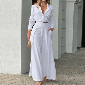 Plus size fashion women's casual solid color short long-sleeved shirt high waist wide leg pants suit women's two-piece set