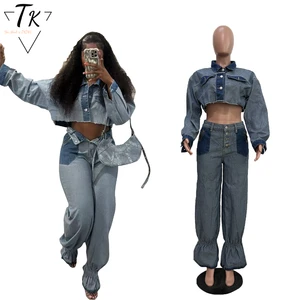 Think 2025 Vintage Style Women's 2-Piece Set Long Sleeve Denim Crop Tops Pants Suits Washed Technique for Summer Outfit Blocks