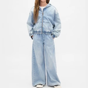 Unique Style Casual Summer Denim Suit for Women Zipper Design Jacket Pants Solid Color 100% Cotton 2 Piece Long Set