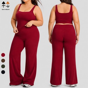 US EU Plus Size Curvy Women Yoga Set High Stretch Breathable Square Neck Tank Wide Leg Pants 2 Piece Activewear Workout Set