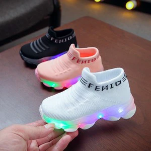 Winter Cross-Border Popular LED Light-Up Lightweight Running Shoes Child Fly-Knit Sneakers Slip-On Glowing Fishnet Socks