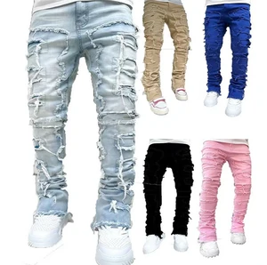 High Quality Men's Cotton Denim Streetwear Pants Wholesale Mid Straight Moustache Effect Distressed Wash Ripped Stacked Jeans