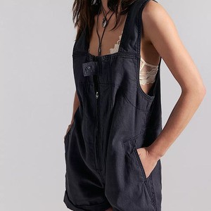 Custom 100% Cotton Women's Denim Overalls Solid Color Loose Fit Mid Waist Sleeveless With Zipper Detail Casual Summer Jumpsuit