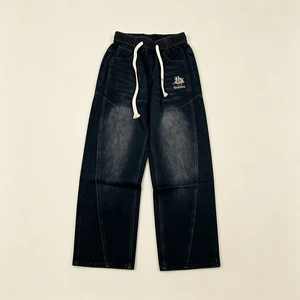 Men's Drawstring Jeans Dark Blue Denim Trousers Elastic Waistband Loose Fit Casual Pants Custom Logo Wholesale Bulk Supply