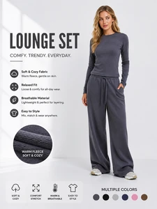 Women Long Sleeve Crop Top Wide Leg Pants Lounge Set Soft Fleece Stretch Casual Tracksuits Two Piece Matching Outfit Sets