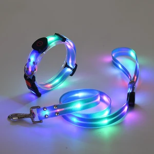 Wholesale Usb Rechargeable Dog Collars Leash Lead Light Up Blue Pvc Waterproof Luxury Pet Leashes Led Dog Leash With Light