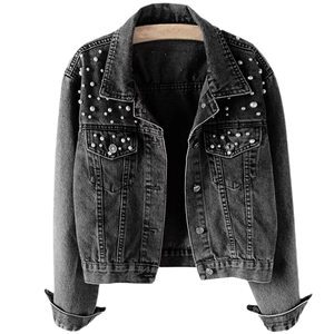 Hiking Women's Casual Oversized Embroidered Pearls Beading Denim Jacket Long Sleeves Jean Coat Bridal Pearls Denim Jacket