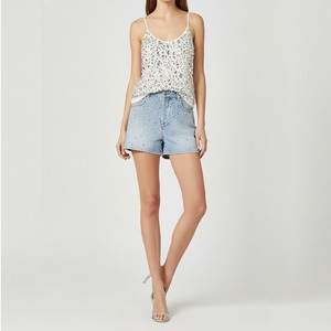 Sparkling Spangle Embellished Denim Shorts High Waist Distressed Casual Sequined Vintage Summer For Women