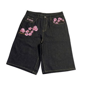 Men's Denim Baggy Loose High Waist Jorts Flower Embroidery Custom Streetwear Shorts Startup Brands Independent Label Small Batch
