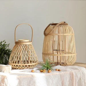 SWT Hot Selling Home Deco Craft Natural Vintage Country Style Handmade Rattan Weaving Storm Lantern Bamboo Candle Lantern