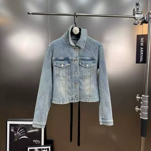 AIMEISI Fashion Retro Stand Ribbon Design Denim Unique Casual Women's Jacket Elegant Solid Jackets for Women