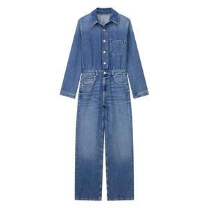 Female Casual Women Denim Jumpsuit Washed Straight Denim Overalls With Pocket Ladies Denim Overalls With Pocket
