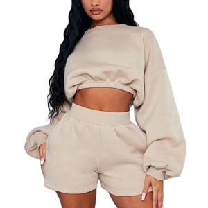 Custom Beige Oversized Cinched Cropped Sweatshirt Cropped Pullover Shorts Activewear Sets Two Piece Women's Sets Custom Logo Loungewear sets
