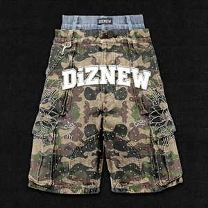 DiZNEW Camouflage Cargo Shorts Men Streetwear Rhinestone Denim Pockets Hip Hop Customizable Fashion Summer Casual