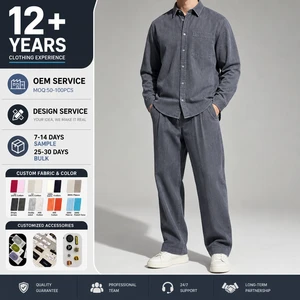 MASILOU Man Sets Fashion Casual Corduroy Shirt Blend Regular Fit Front Pockets Breathable Fabric Turn-Down Collar Covered