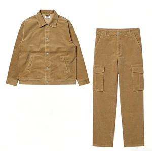 Custom LOGO Men Corduroy Two Piece Set Jacket Cargo Pants Tracksuit Loose Fit Button Down Casual Outfit Jacket For Men
