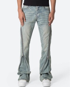 2026 New Design Fashion Custom Men's Outer Seam Long Zipper Trims Vintage Blue Wash Distressed Stacked Flare Fit Denim Jeans