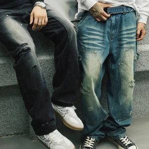 Custom Jeans Pants Men's Stone Wash Heren Male Large Wide Leg Low Rise Men Flared Stacked Baggy Ripped Knee Denim Jeans
