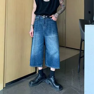 Men's Summer Mid Waist Vintage Streetwear Print Jeans Shorts Light Wash Crease Denim Plus Size Grey Black Jote Loose Skates