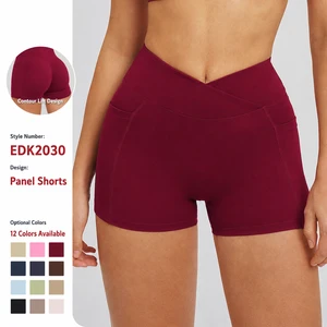 Cross Waist Yoga Shorts With Pockets High Waisted Crossover Biker Shorts Tummy Control Butt Lifting Gym Workout Shorts