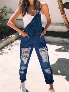 Women's Retro Destroyed Ripped Denim Overalls, Comfortable Washed Blue Jumpsuit for Daily Casual Wear Spring